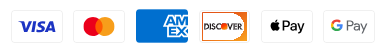 Visa, Mastercard, American Express, Discover, Apple Pay and Google Pay accepted