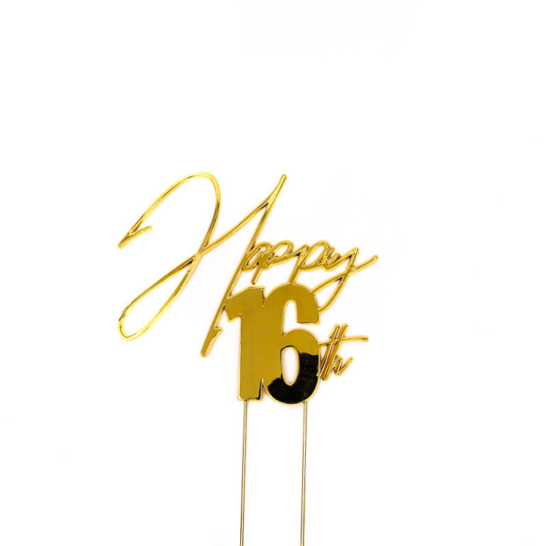 Cake & Candle Gold Metal Cake Topper Happy 16th