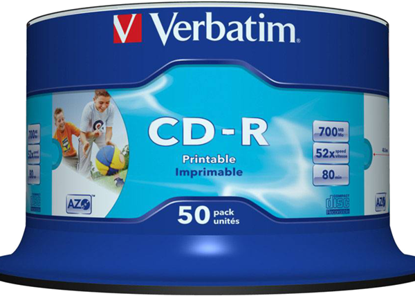 Verbatim CD-R 700MB 52x White Inkjet Printable 50 Pack on Spindle