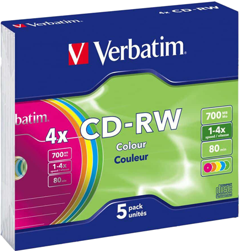 Verbatim CD-RW 700MB 2-4x Multi Colour 5 Pack with Slim Cases
