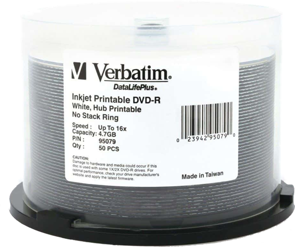 Verbatim DVD-R 4.7GB 16x White Wide Inkjet Printable 50pk on Spindle