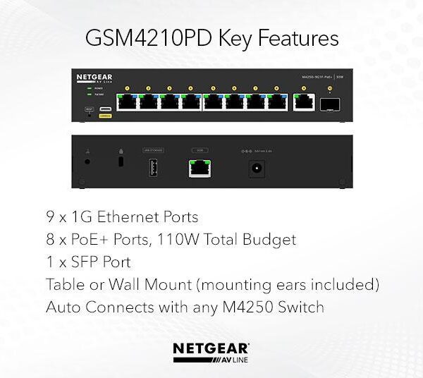 Netgear M4250-9G1F-POE+ Desktop Managed Switch 8X1G PoE 110W 1X1G and 1XSFP AV Line (GSM4210PD)