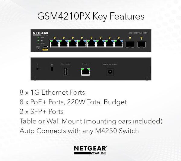 Netgear GSM4210PX-100AUS M4250-8G2XF-POE+ Desktop Managed Switch 8X1G PoE 220W and 2X10G Sfp+ AV Line (GSM4210PX)