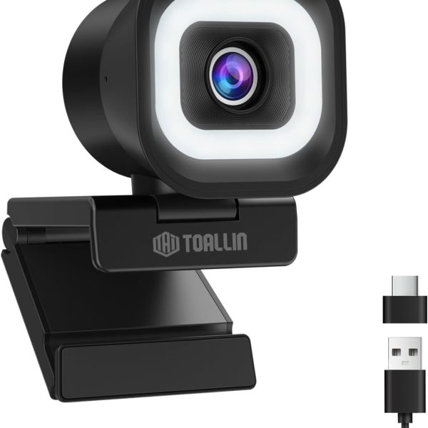 TOALLIN 2K Webcam with Adjustable Ring Light and Dual Mics
