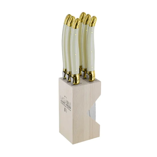 André Verdier Laguiole Debutant Knife Block Set of 6 Ivory Brass