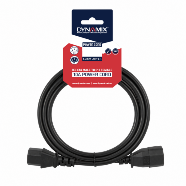 DYNAMIX 1M IEC Male to Female 10A SAA Approved Power Cord. (C14 to C13) 1.0mm copper core. Black Colour.