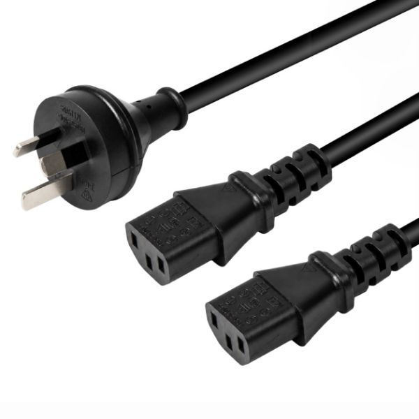 2M Y Power Cord. 3-Pin Plug to 2x IEC C13 Female Connectors 10A. SAA Approved.