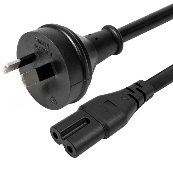 DYNAMIX 2M 2-Pin plug to C7 Figure 8 connector. 7.5A. SAA approved power cord. 0.75mm copper core. BLACK Colour. Packaging: Clear Poly Bag.