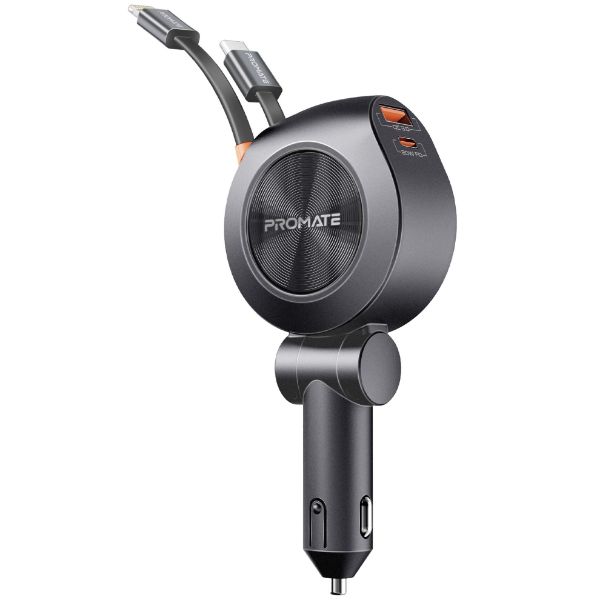 88W Multi-Port Incar Phone Charger w/ Dual Retractable USB-C & Lightning Cables. 20W