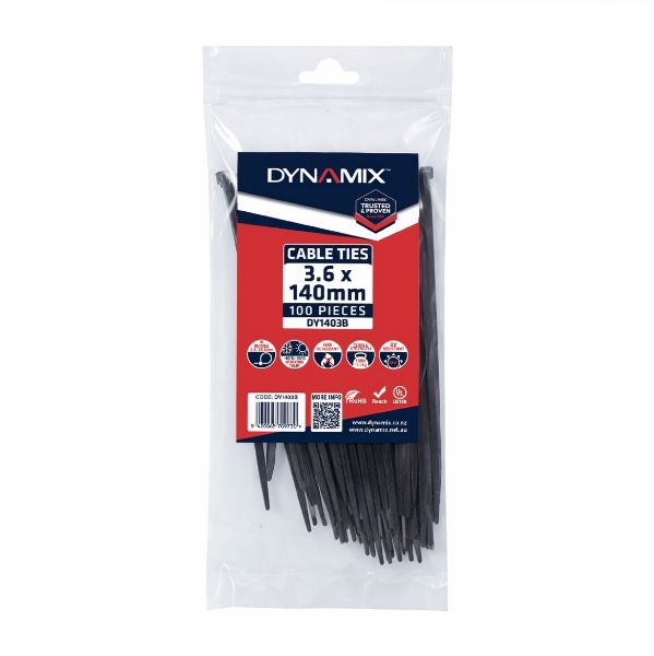 3.6 x 140mm UV Black Cable Ties Pack of 100 180N/18.3kgs Tensile Strenght