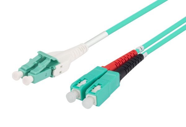DYNAMIX 1M LC to SC OM3 Uniboot Elite Low-loss 50u 3mm Multimode Duplex Fibre Lead. Aqua LSZH Jacket