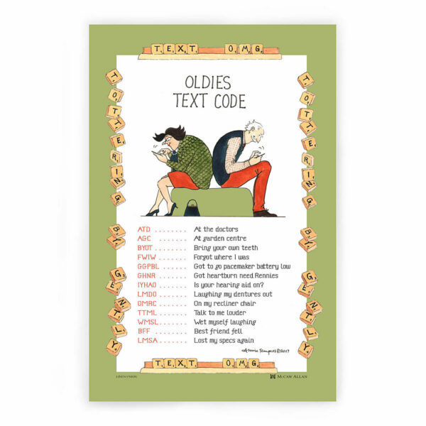 Samuel Lamont Tottering Oldies Text Code Cotton Tea Towel