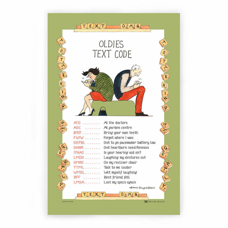 Samuel Lamont Tottering Oldies Text Code Cotton Tea Towel