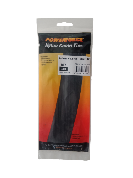 2.8 x 200mm Black UV Cable Ties Pack of 100 8kgs Tensile Strength