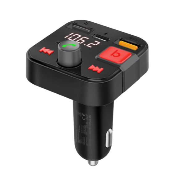 Wireless In-Car FM Transmitter w/ USB-C & USB-A Ports. Hands-Free w/ Built in