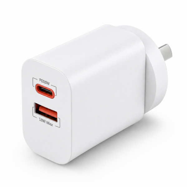 25W 5V/3A GaN PD Wall Charger Dual USB-C & USB-A Ports