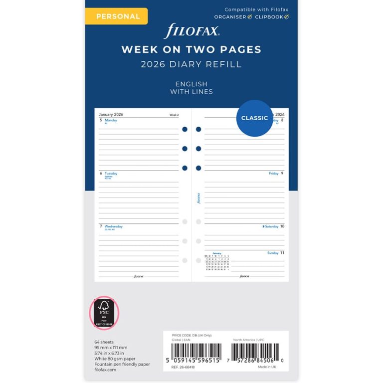 Filofax Personal Refill 2026 - Ruled Undated Week To View