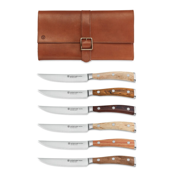 WÜSTHOF Ikon 6-Piece Mixed Wood Steak Knife Set with Leather Knife Roll