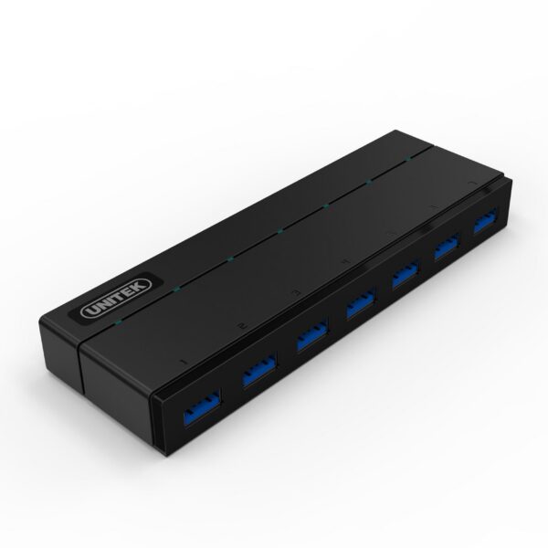 USB 3.0 7-Port Hub w/ 1.5A Charging Per Port. Super Speed Data Transfer up to 5Gbps. LED