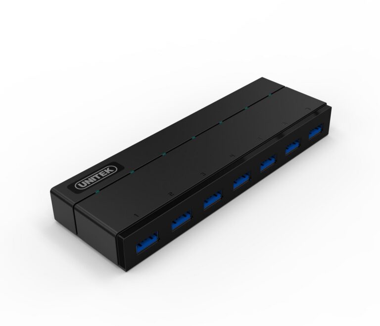 USB 3.0 7-Port Hub w/ 1.5A Charging Per Port. Super Speed Data Transfer up to 5Gbps. LED