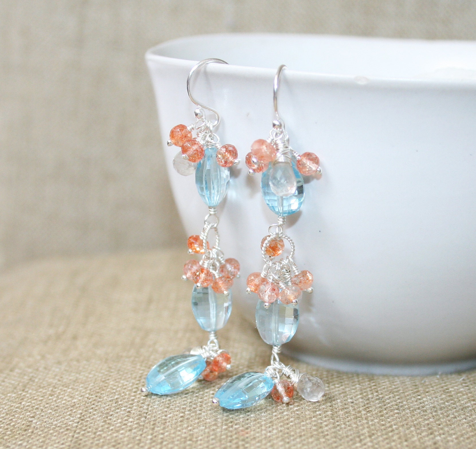 Blue Topaz, Rutilated Quartz and Sunstone Earrings: Sterling Silver, Natural Gemstone Statement Earrings - Image 10