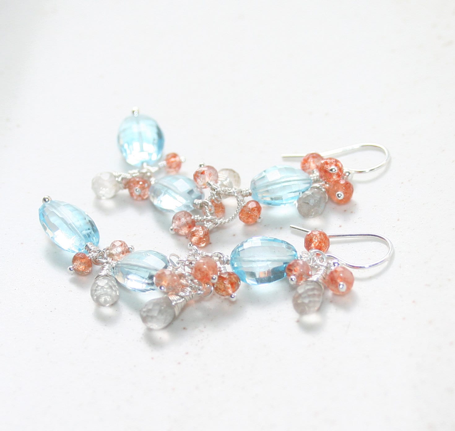 Blue Topaz, Rutilated Quartz and Sunstone Earrings: Sterling Silver, Natural Gemstone Statement Earrings - Image 7