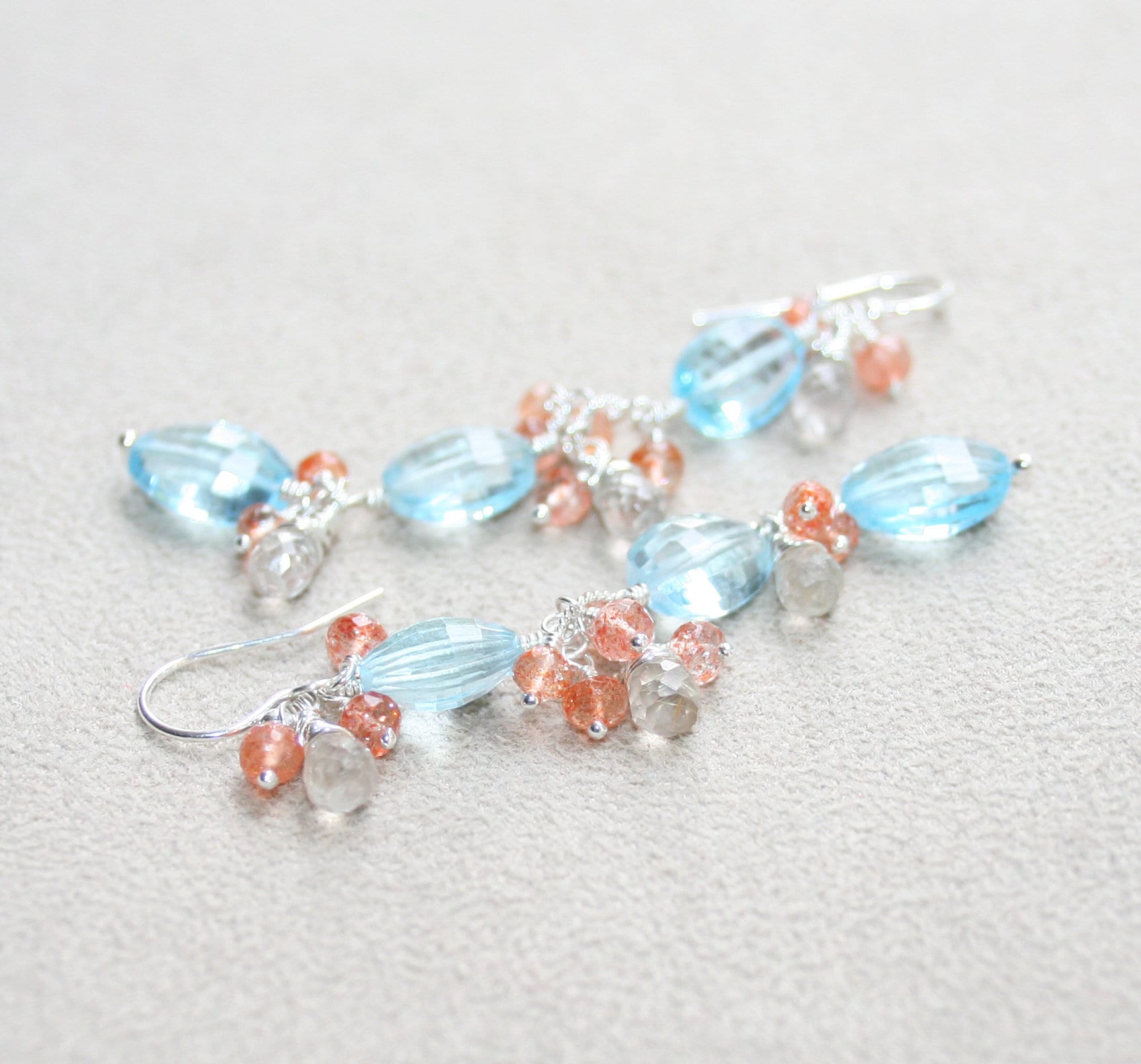 Blue Topaz, Rutilated Quartz and Sunstone Earrings: Sterling Silver, Natural Gemstone Statement Earrings - Image 12