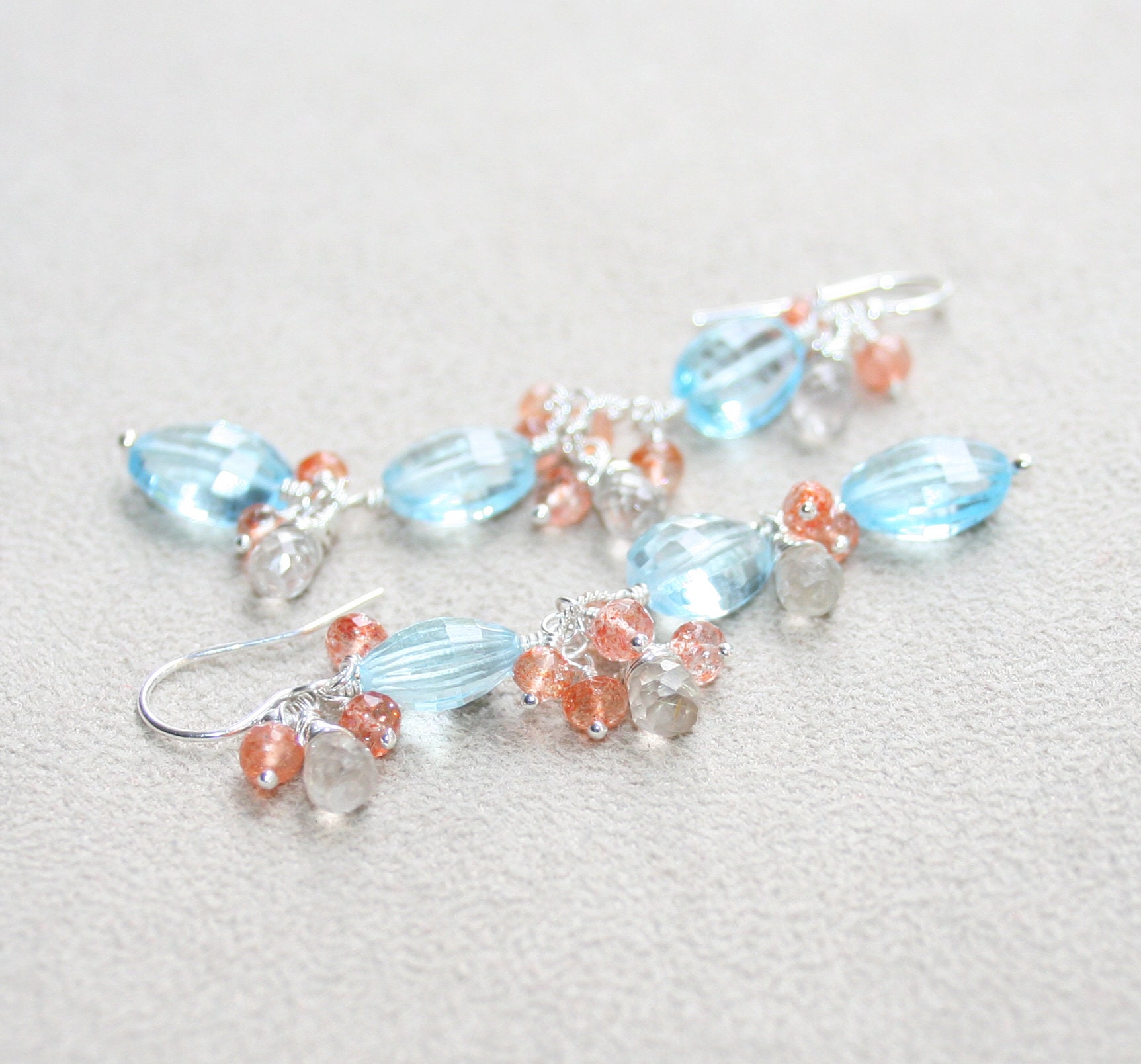 Blue Topaz, Rutilated Quartz and Sunstone Earrings: Sterling Silver, Natural Gemstone Statement Earrings - Image 6