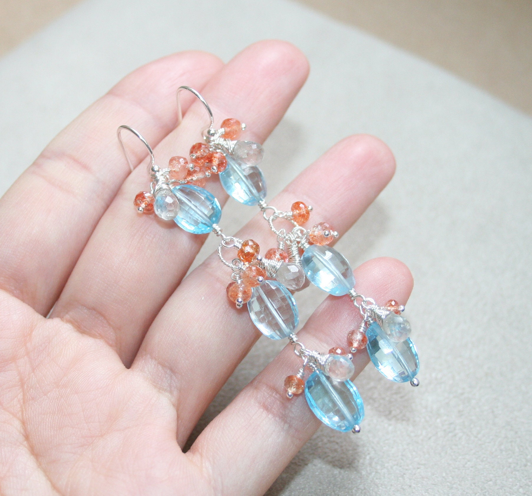 Blue Topaz, Rutilated Quartz and Sunstone Earrings: Sterling Silver, Natural Gemstone Statement Earrings - Image 5