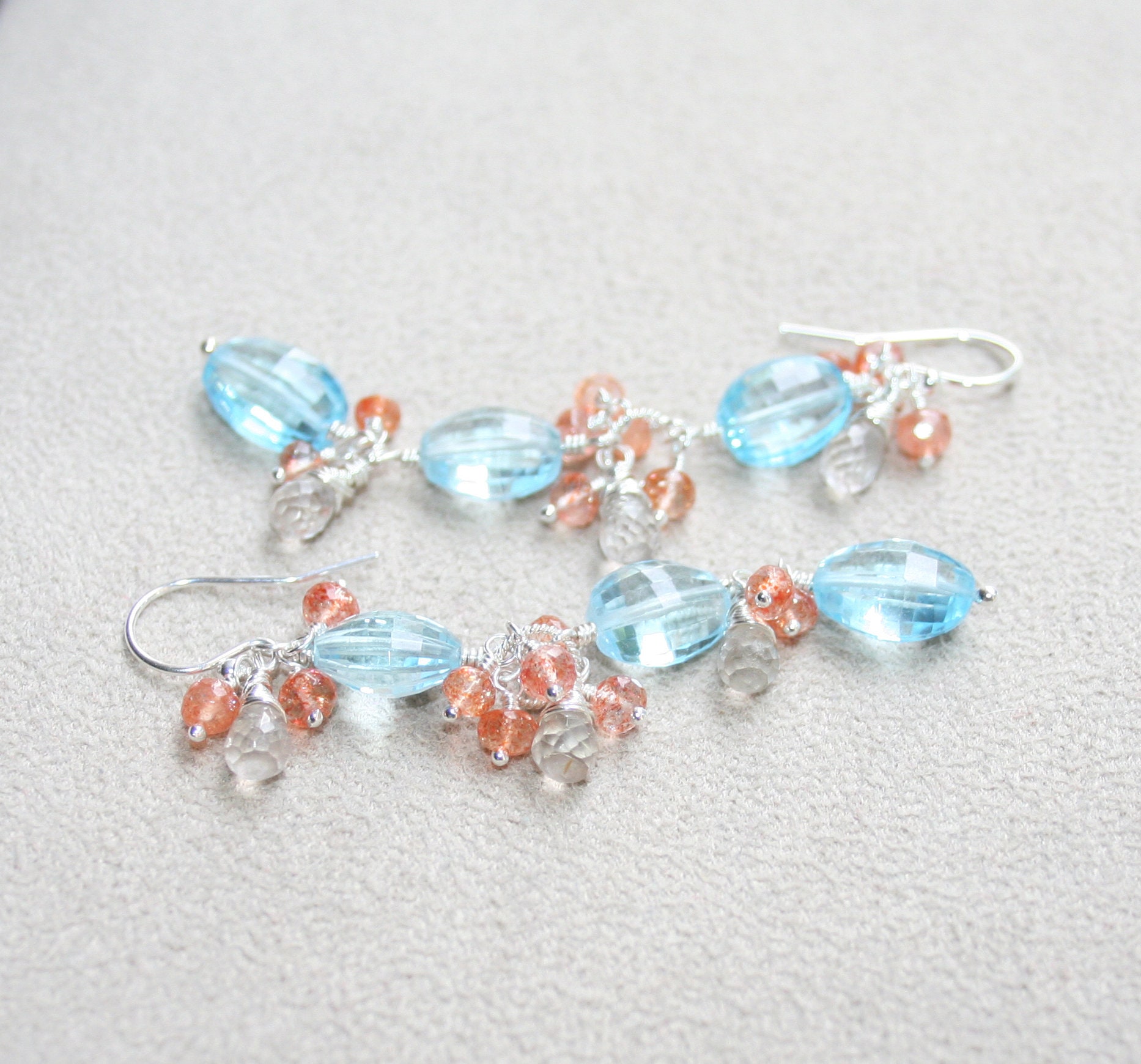 Blue Topaz, Rutilated Quartz and Sunstone Earrings: Sterling Silver, Natural Gemstone Statement Earrings - Image 3