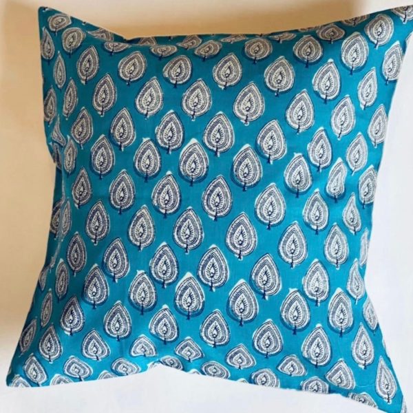 Artisan Hand Printed Cotton Cushion Cover with Leaf Design