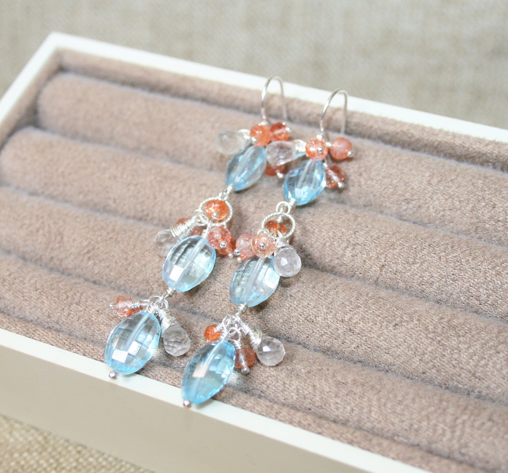 Blue Topaz, Rutilated Quartz and Sunstone Earrings: Sterling Silver, Natural Gemstone Statement Earrings - Image 8