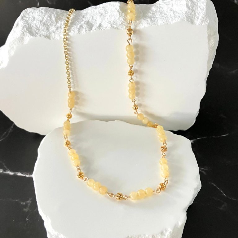 Adjustable Length Yellow Calcite Beaded Necklace with Gold