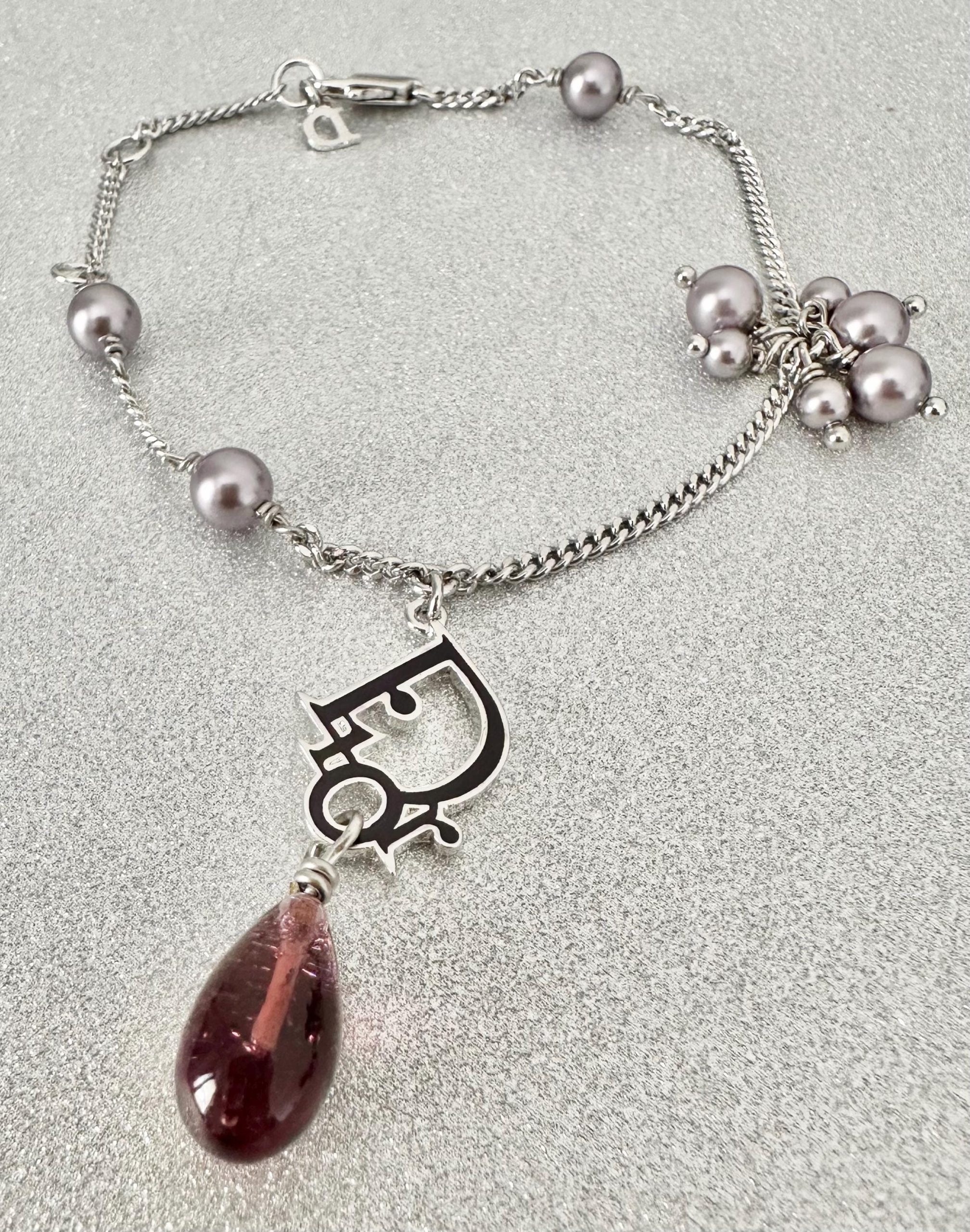 Vintage Dior Charm Mauve Pearl, Amethyst Drop Bracelet: Silver (1990s) - Image 8