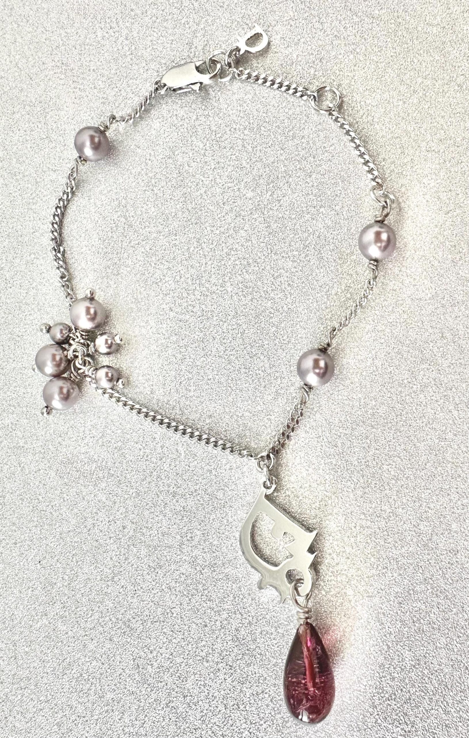 Vintage Dior Charm Mauve Pearl, Amethyst Drop Bracelet: Silver (1990s) - Image 7