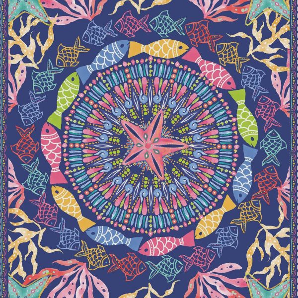 Navy Blue Mandala and Fish Quilting Fabric Panel 92x112cm