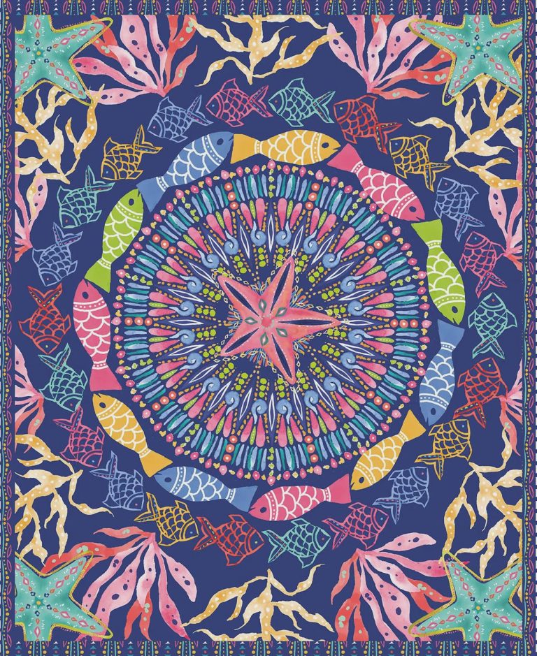 Navy Blue Mandala and Fish Quilting Fabric Panel 92x112cm
