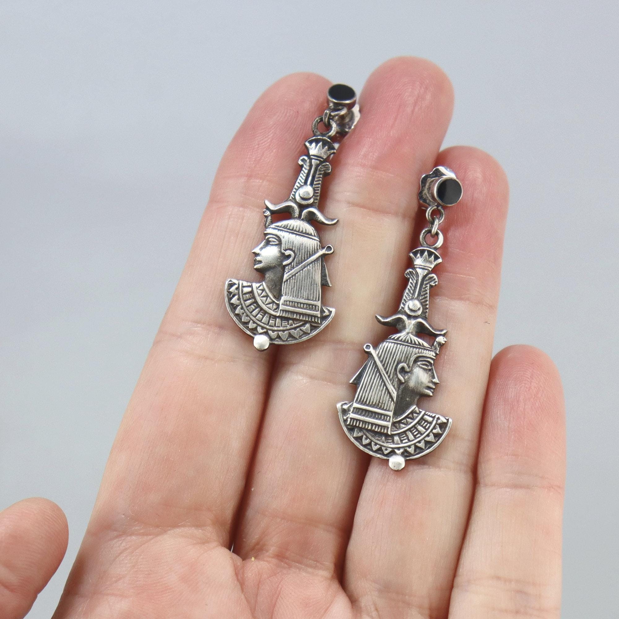 Vintage Egyptian Revival Sterling Earrings Cleopatra Onyx Long Silver Earrings - Image 3