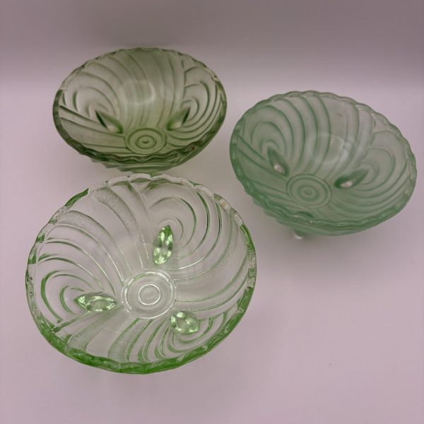 Set of 3 Vintage Green Pressed Glass Dessert Bowls