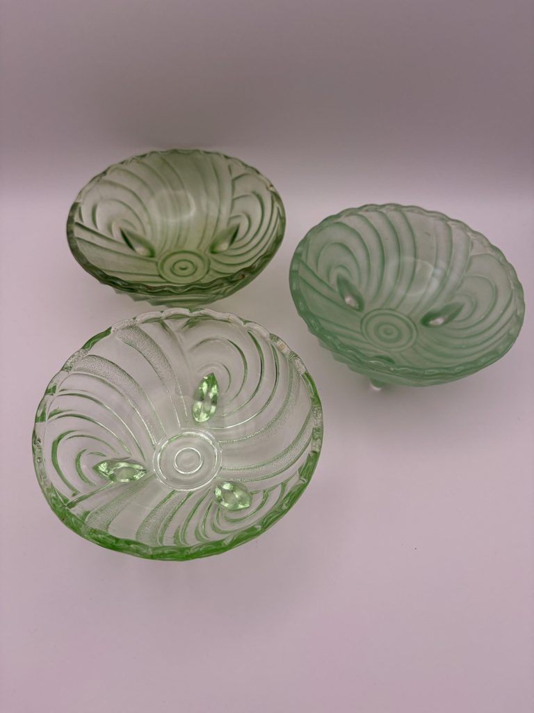 Set of 3 Vintage Green Pressed Glass Dessert Bowls