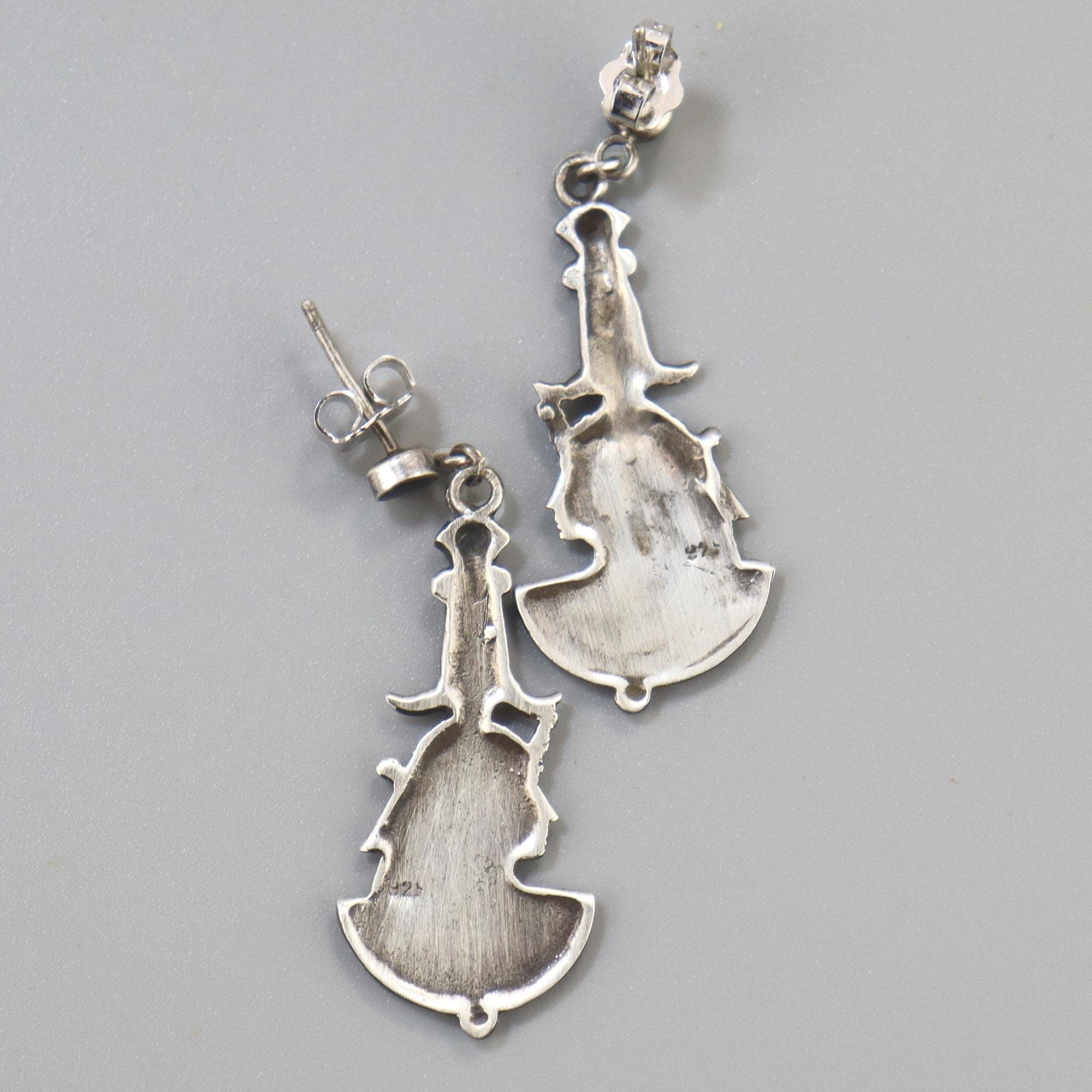 Vintage Egyptian Revival Sterling Earrings Cleopatra Onyx Long Silver Earrings - Image 4