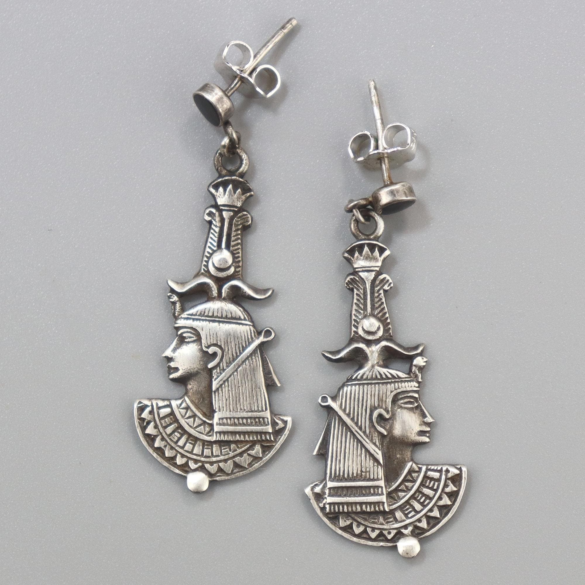 Vintage Egyptian Revival Sterling Earrings Cleopatra Onyx Long Silver Earrings - Image 6