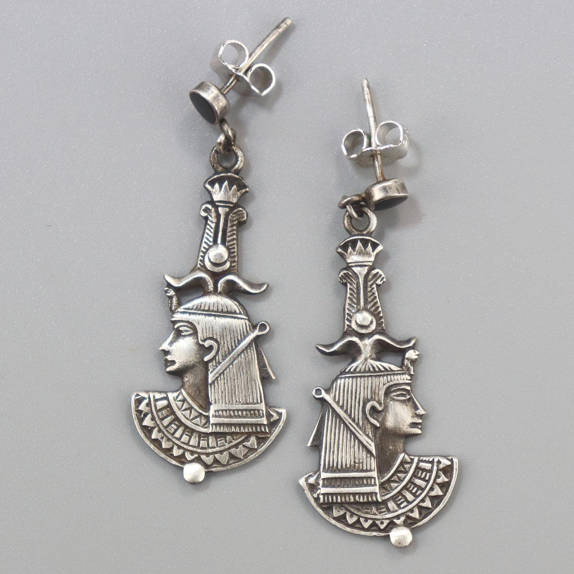 Vintage Egyptian Revival Sterling Earrings Cleopatra Onyx Long Silver Earrings