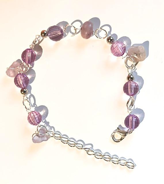 Purple and Light Stone Beaded Silver Purple Bracelet - Image 5