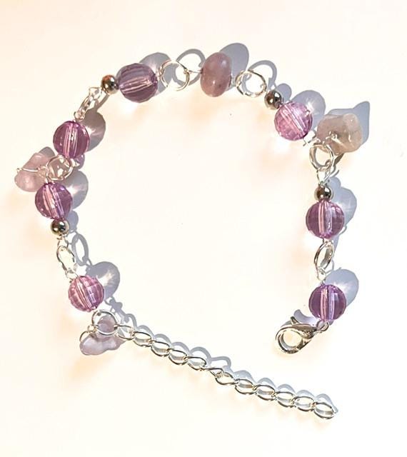 Purple and Light Stone Beaded Silver Purple Bracelet