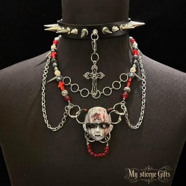 Gothic Resin Demon Doll Head Choker Necklace