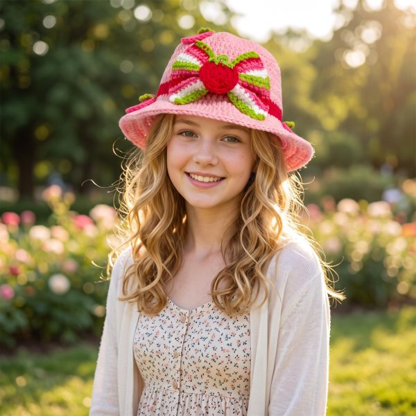Colorful Handmade Strawberry Bow Bucket Hat for Women