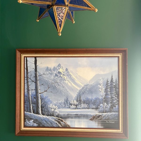 Framed Vintage Winter Landscape Painting of Snowy Mountains